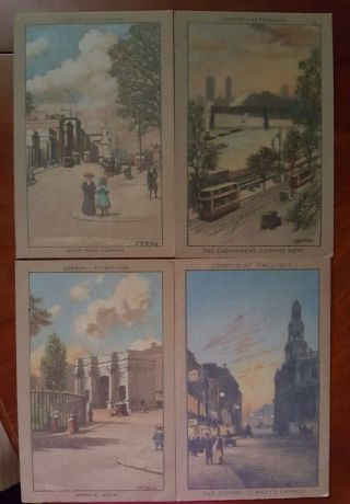 3 Postcards A Series " London - Afternoon ",  Artist J.  R.  Way,  Early 20th Century