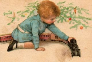 C 1910 Gibson Art Christmas Postcard Sweet Blonde Boy Plays With Train Set