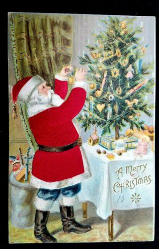 Vintage W/ Cloth Suit Santa Claus Decorating Xmas Tree Embossed Postcard 1n