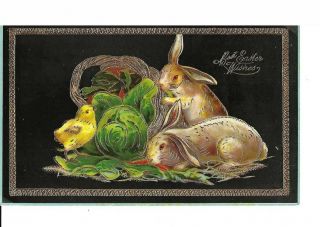 Lovely " Best Easter Wishes " Bunnies,  Chick Eating Cabbage,  Gold,  Embossed