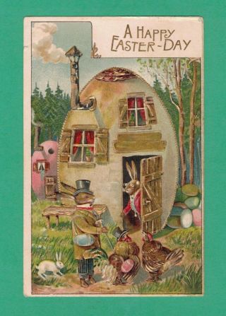 Vintage Easter Fantasy Postcard Dressed Rabbits Egg - House Windows Roosters