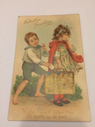 Antique 1909 Valentine Greetings Postcard Boy Sneaking Card To Girl Tuck Humor