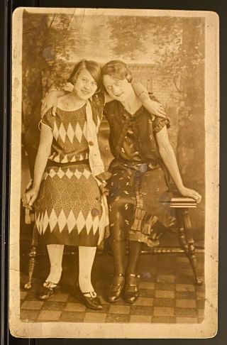Studio Real Photo Postcard Rppc Two Affectionate Women Sit On One Bench