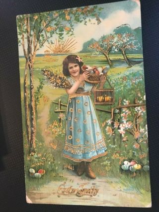 Easter Greetings Little Girl Holding Basket Of Eggs Golden Accents Postcard