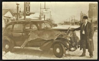 Rppc Hunter With His Deer Strapped To His Car 1938 License Plate