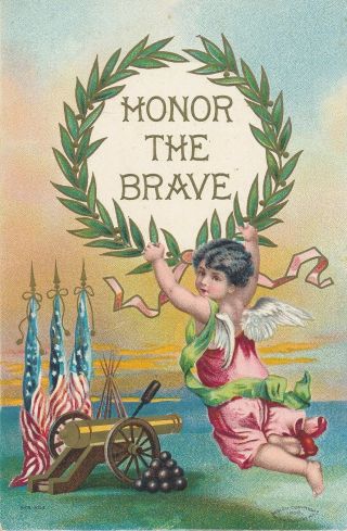 Angel,  Flags And Cannon Honor The Brave Memorial Day Postcard
