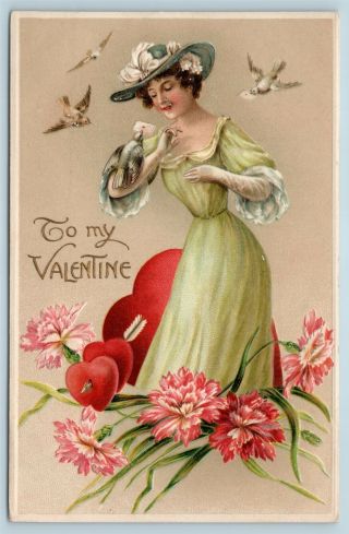 Postcard Valentines To My Valentine Doves Delivering Woman Envelopes C1910 Y9