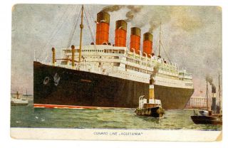 Cunard Ocean Line - Rms Aquitania In Harbor - Czech Postcard Ship/r.  M.  S.  /color