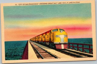 Postcard Utah City Of San Francisco Steamliner Train Crossing Great Salt Lake