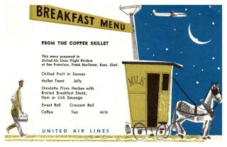 United Air Lines Advertising Menu Postcard W/ Horse Drawn Milk Wagon B207