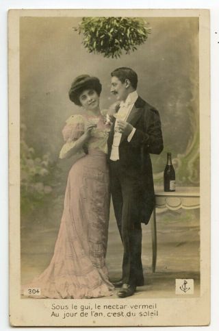 C 1907 French Glamour Loves Toast Declaration Of Love Photo Postcard