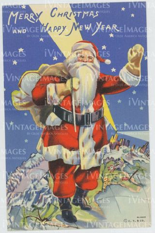 Rare Santa Linen Postcard Merry Christmas And Happy Year 1930s