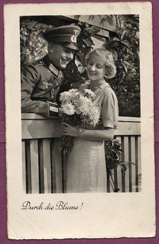 1940 Rppc German Soldier Gives Flowers To His Girl Real Photo Postcard