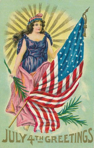 July Fourth - Lady Liberty And Flag July 4th Patriotic Postcard
