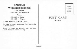 Lincoln NE Cassel ' s Garage Wrecker Tow Truck Service Postcard 2