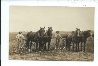 Real Photo Postcard Post Card Farming Horse Drawn Plows Cultivators Farmers