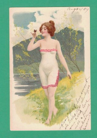 Early 1904 Art Nouveau Bathing Beauty Postcard Lady Swimsuit Butterfly