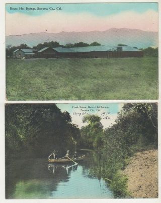 Two 1910 Postcards Boyes Hot Springs Creek Scene,  Building Sonoma Co.  California