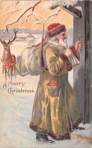 A Merry Christmas,  Santa In Brown Coat,  With Rifle? Embossed Vintage Postcard