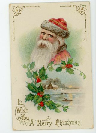 Vintage Antique Santa Claus Christmas Postcard In Pale Pink Colored Suit