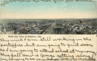 C1908 Hand - Colored Postcard; Birdseye View Baldwin Wi St.  Croix County Posted