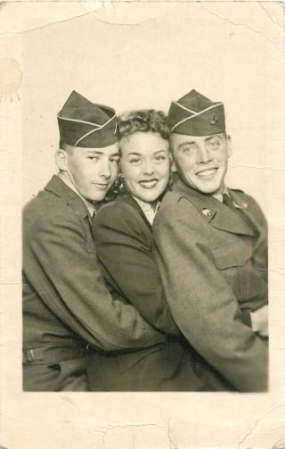 C1950s Korean War Era Soldiers Posing With A Woman Real Photo Postcard/rppc