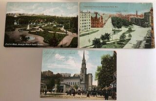 3 Antique Postcards Boston Massachusetts Park St Church Public Garden Comm Ave.