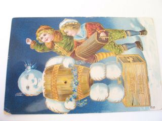 Antique Holiday Postcard A Happy Year Snowman Children German