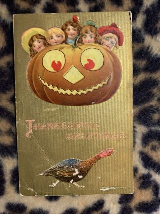 Vintage Thanksgiving Postcard 1908 Turkey Pumpkin Kids Victorian Arts And Crafts