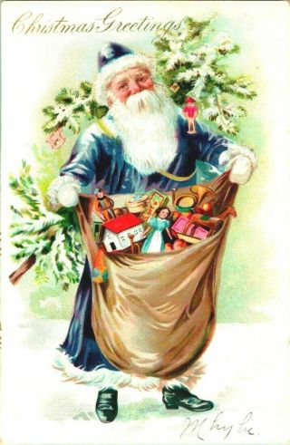 1907 Embossed Purple Robed Santa Claus With A Sack Full Of Toys Tree Postcard
