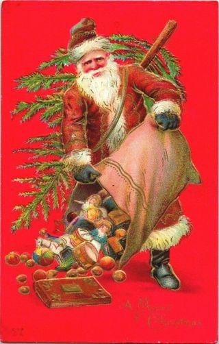 Embossed Red Robed Santa Claus Toys Sack Christmas Tree Artist Signed Postcard