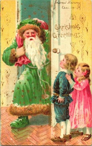 1907 Embossed Green Robed Santa Claus With Children Greetings Postcard