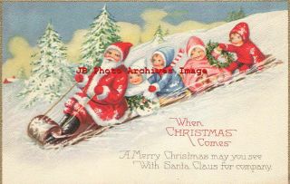 Christmas,  Stecher No 1135 C,  Red Suit Santa Sleighing With Children