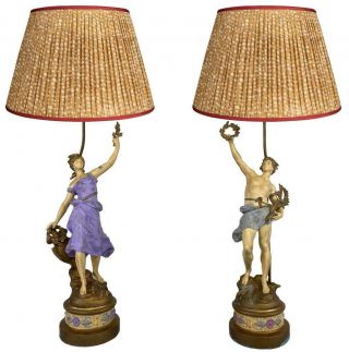 Large Pair Antique Louis Moreau French Art Nouveau Painted Spelter Figural Lamps