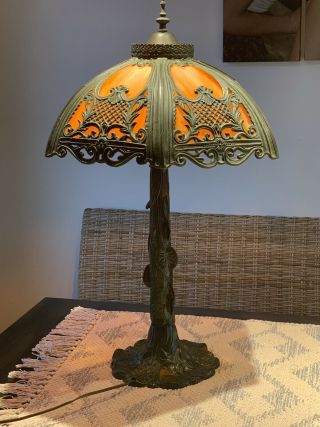Victorian Style 12 Panel Slag Glass Table Lamp