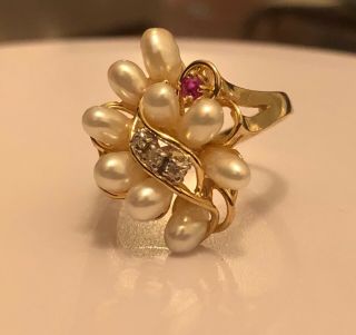 Vintage 14k Yellow Gold Pearl Cluster Cocktail Ring W/ruby,  Diamond Accents Sz 7