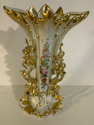 Old Paris Porcelain Large 19th Century Floral Handpainted,  Encrusted Gold Vase