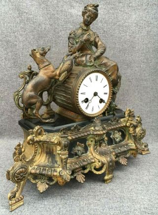 Big Antique French 19th Century Clock Regule Bronze Tone Hunting Scene Dogs Bird