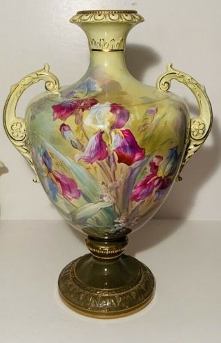 Antique Victorian Royal Bonn Germany 13 3/4 " Handled Vase Hand Painted Irises