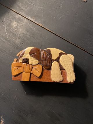 Puzzle Box Carver Dan Dog W/ Bow Wood Exotic Hardwoods Trinket Sleeping Puppy