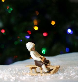 Antique Germany Bisque Boy On Wood Sled Christmas Ornament Figurine