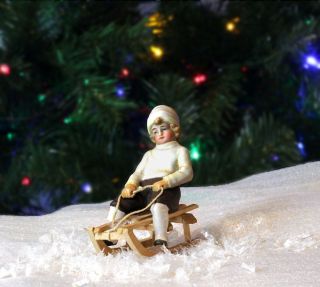 Antique Germany Bisque Boy on Wood Sled Christmas Ornament Figurine 2