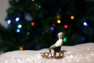 Antique Germany Bisque Boy on Wood Sled Christmas Ornament Figurine 3