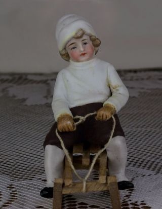 Antique Germany Bisque Boy on Wood Sled Christmas Ornament Figurine 4