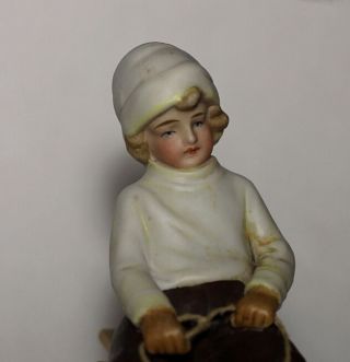 Antique Germany Bisque Boy on Wood Sled Christmas Ornament Figurine 6