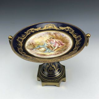 Antique French Bronze Mounted Painted Porcelain Lovers Scene Tazza Compote Fcd