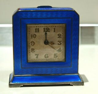 Antique Tiffany & Co Sterling Silver Blue Guilloche Enamel Travel Clock Art Deco