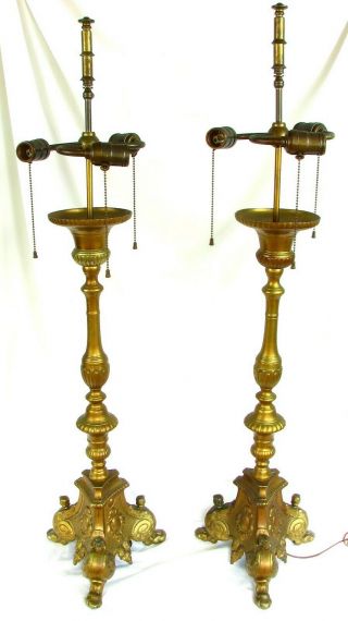 Italian Candlestick Lamps Huge Antique 3 Socket Angles C.  1920 