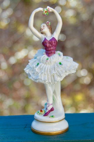 Antique Dresden Lace Volkstedt Lady Ballerina Dancer Porcelain Figurine