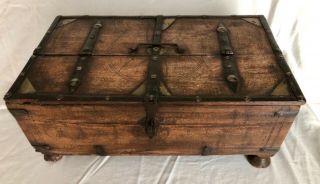 Antique French 18th Century Oak Engagement Box Wood With Brass & Iron Strappings
